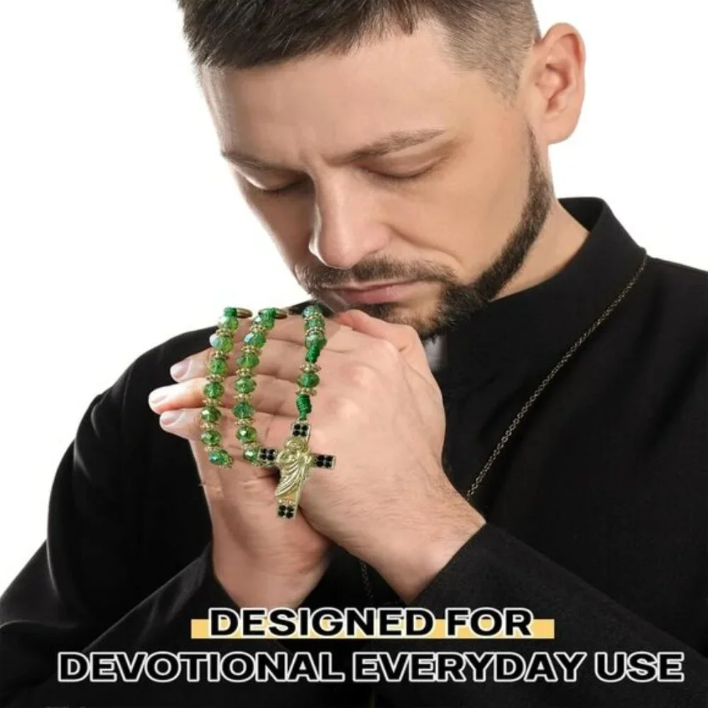 Exquisite Rosary Saint Jude Cross Pendant Mexican Necklace - Braided Cord Green